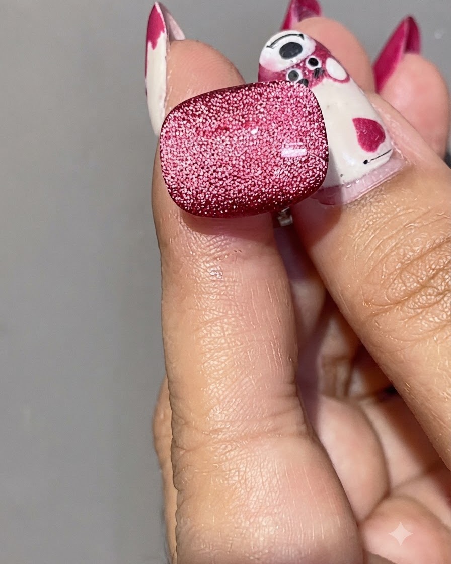 A manicured nail positioned under a UV/LED curing lamp.