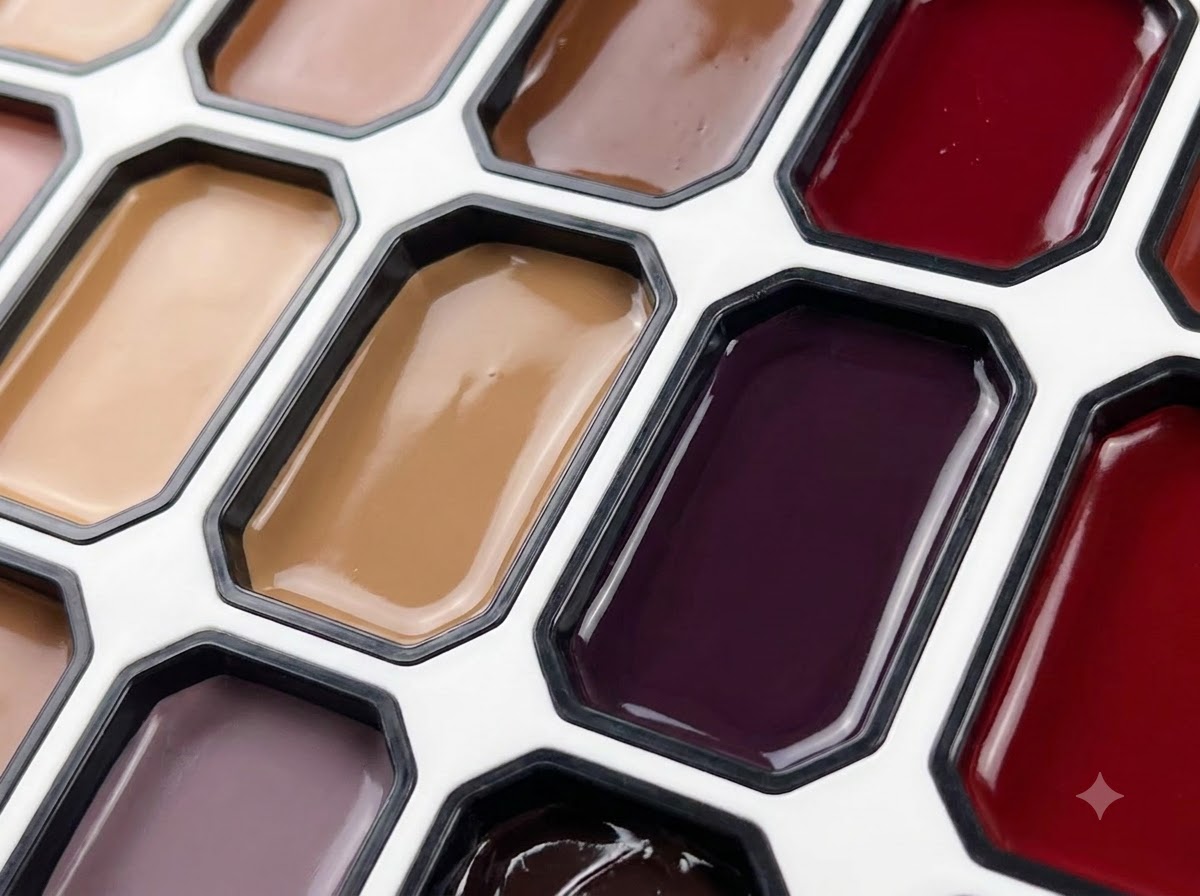 A multi-well palette showcasing different gel colors, including a rich red shade.