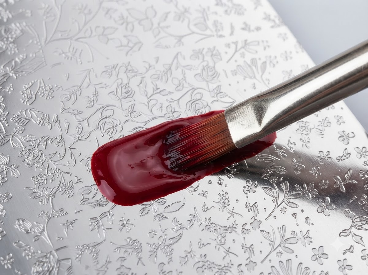 A nail art brush spreading red gel generously over an engraved metal plate.