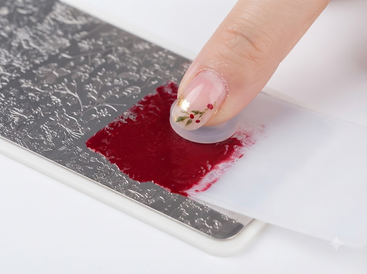 A scraper card wiping away excess red gel from a metal stamping plate.