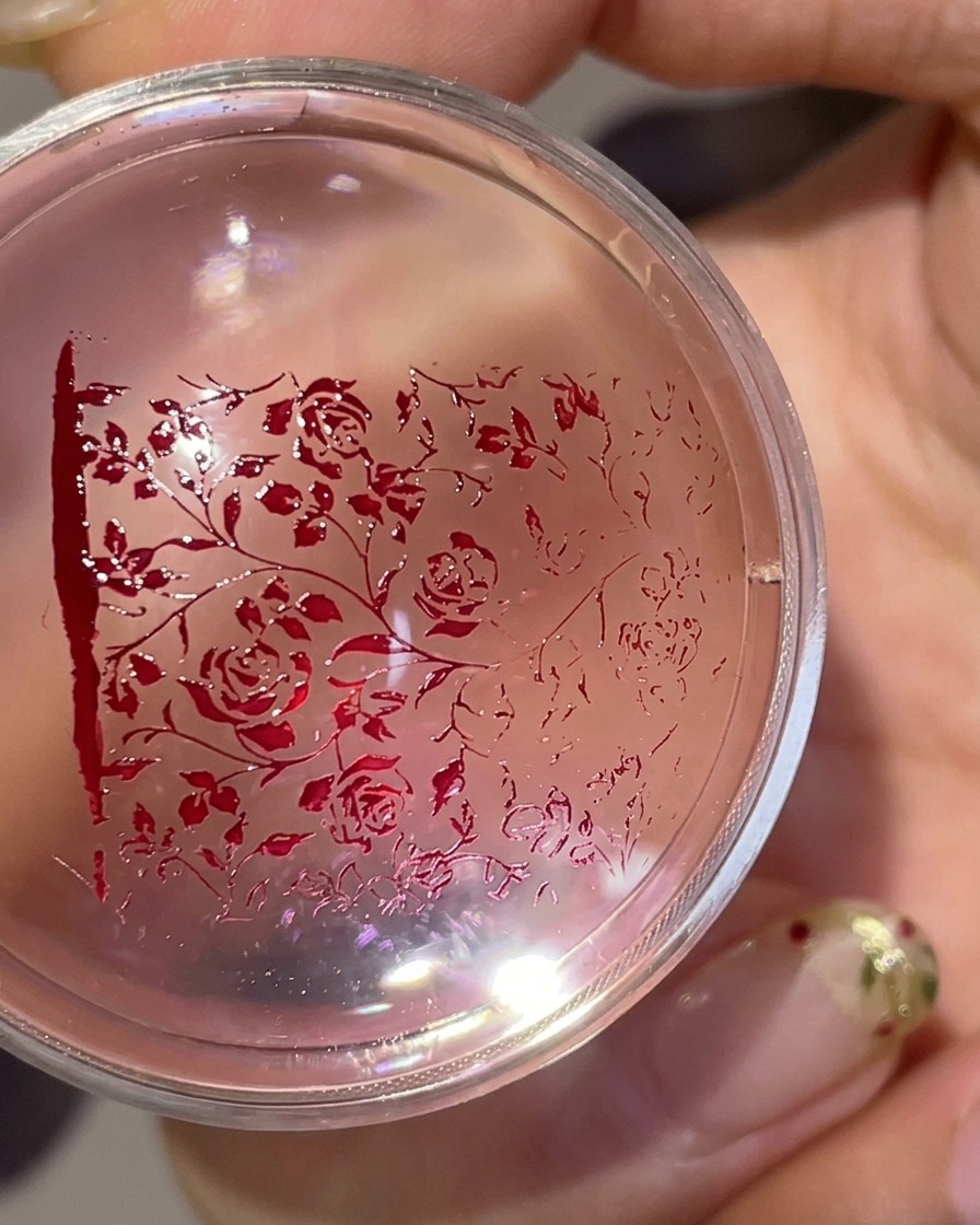 A clear silicone stamper head displaying a transferred red floral pattern ready to be applied to a nail.