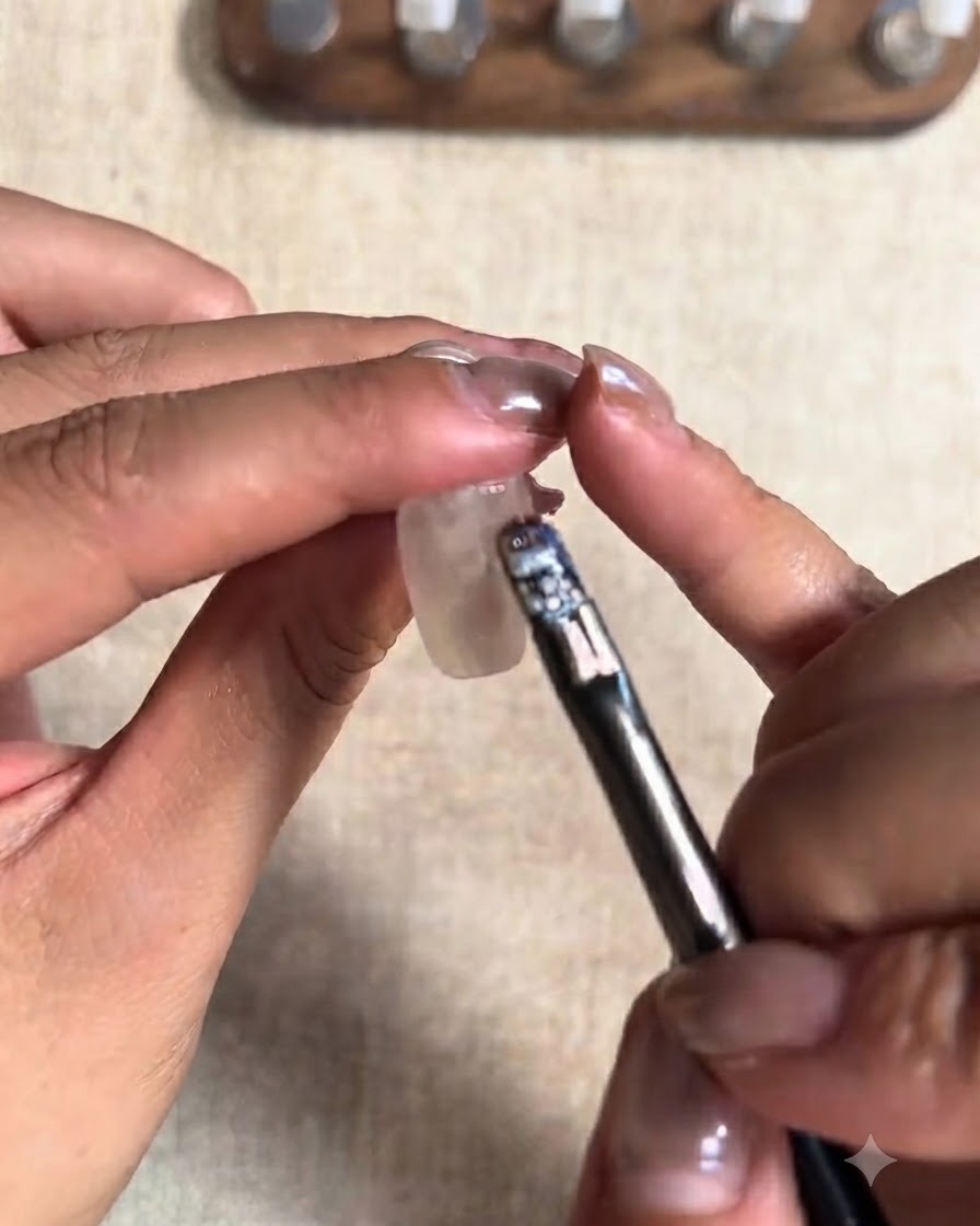 A hand using a small cylindrical magnet to shape the cat-eye magnetic particles on a thumb nail.