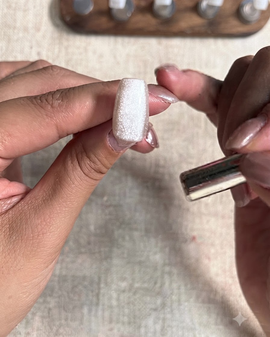 A close-up view of a thumb nail showing a completed glass bead cat-eye effect with a magnet nearby.