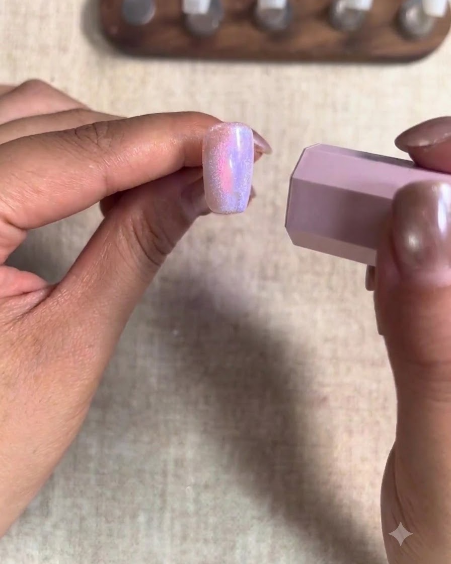 A hand using a cylindrical magnet to shape cat-eye gel polish on a middle fingernail.