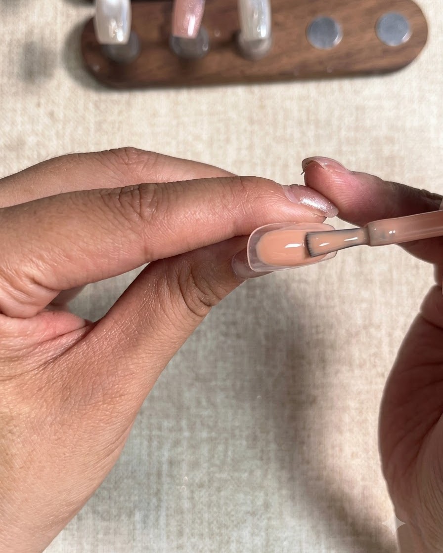 A close-up of a hand using a gel polish brush to apply a solid peach nude color evenly onto a clear nail tip.