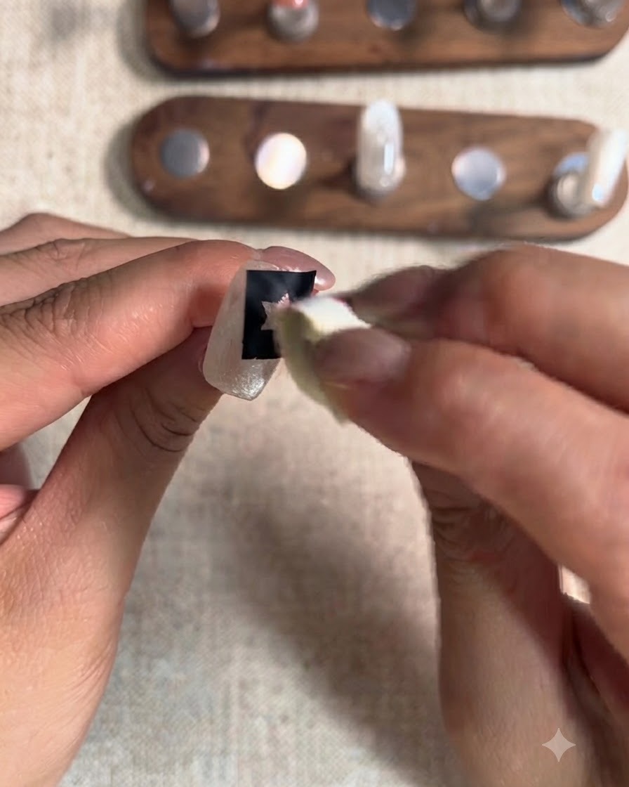 A close-up of a finger with a star stencil sticker on the nail, being dabbed with a sponge coated in red gel.