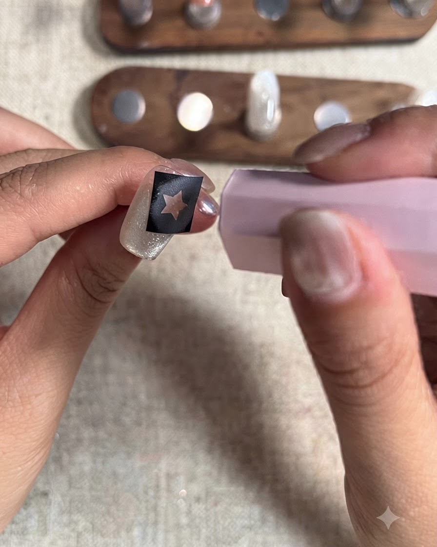 A pink mini UV/LED curing lamp held over a fingernail with a star stencil to set the final layer of red gel.