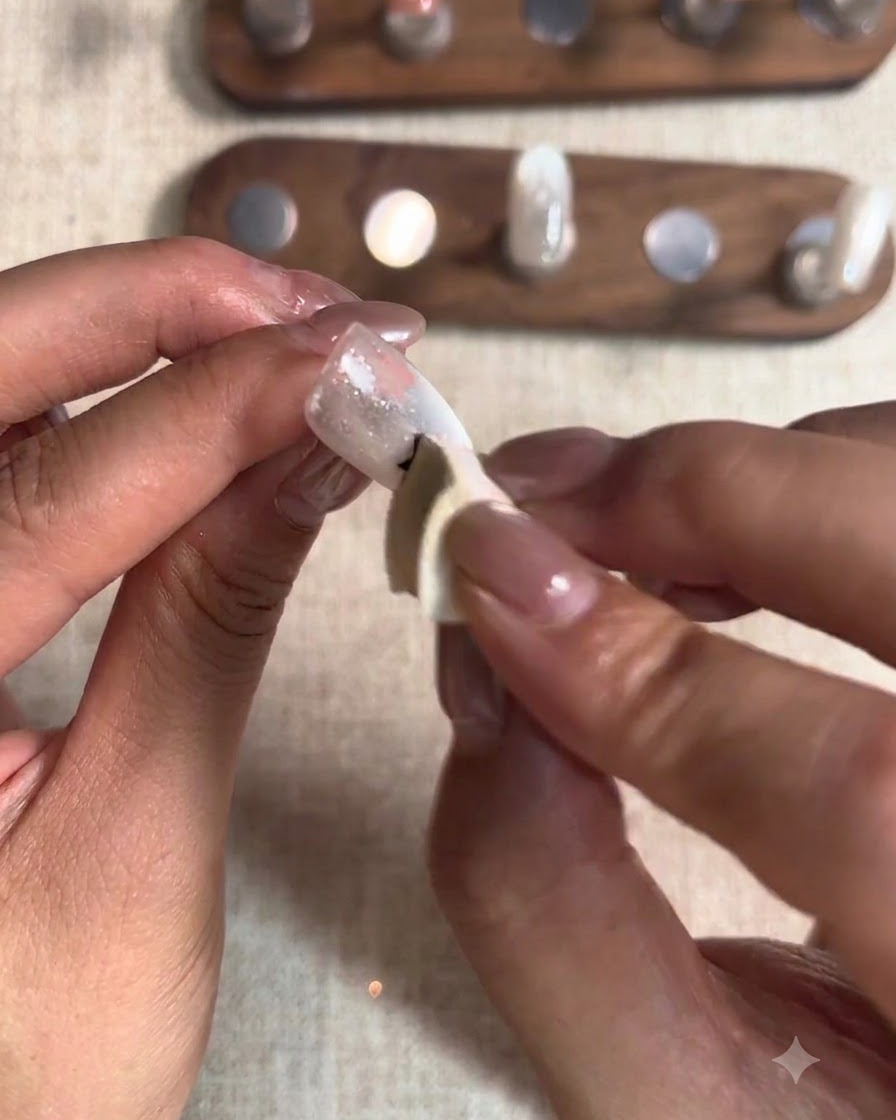 A sponge applicator dabbing red gel onto a hollow star sticker placed on a fingernail.