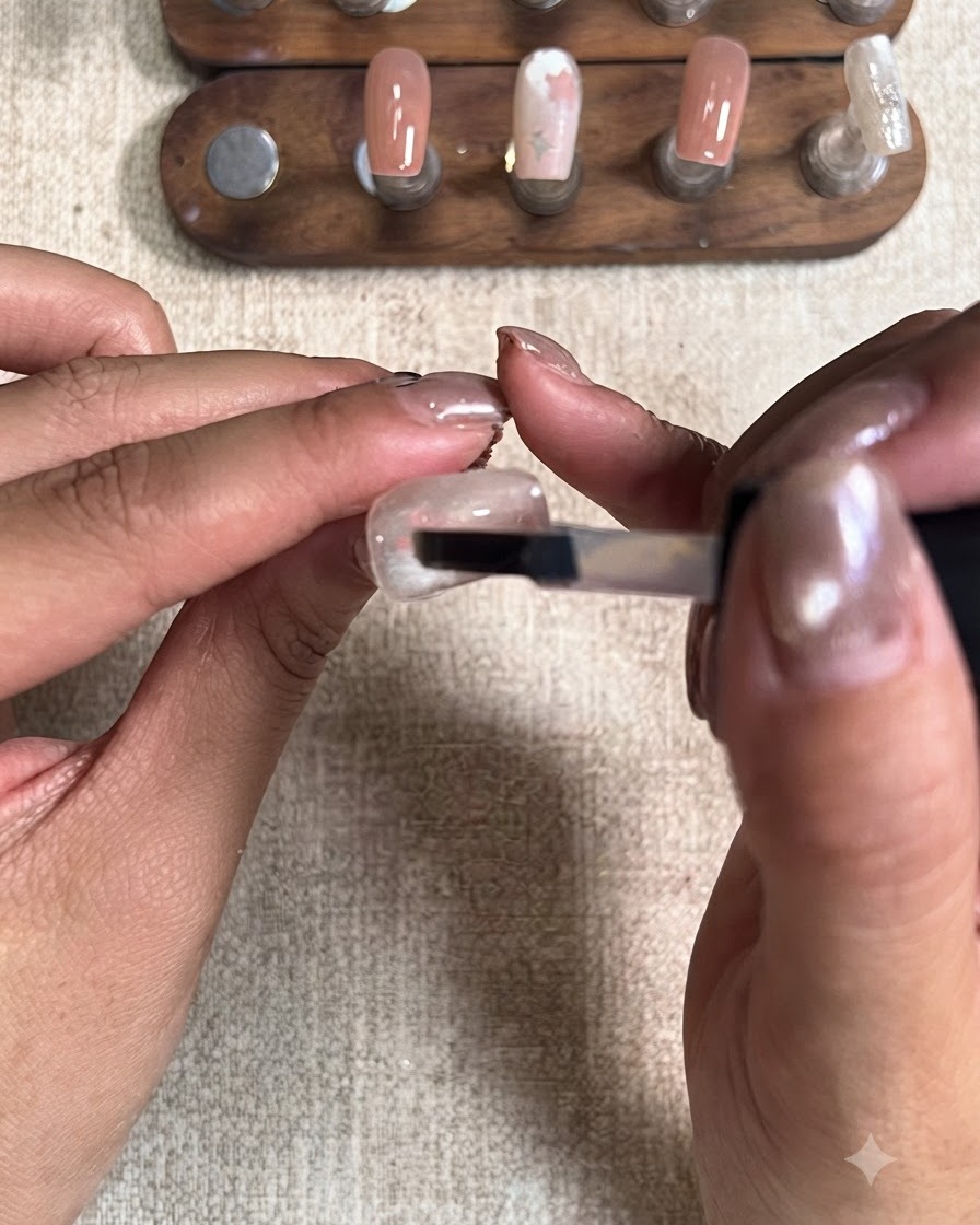 A brush applying a coat of matte top coat over a completed star nail art design.