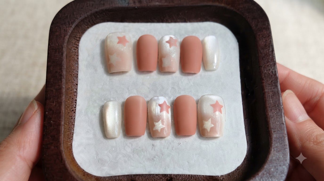 Peach Matte Cat-Eye Star Press-On Nails — Step-by-Step Tutorial