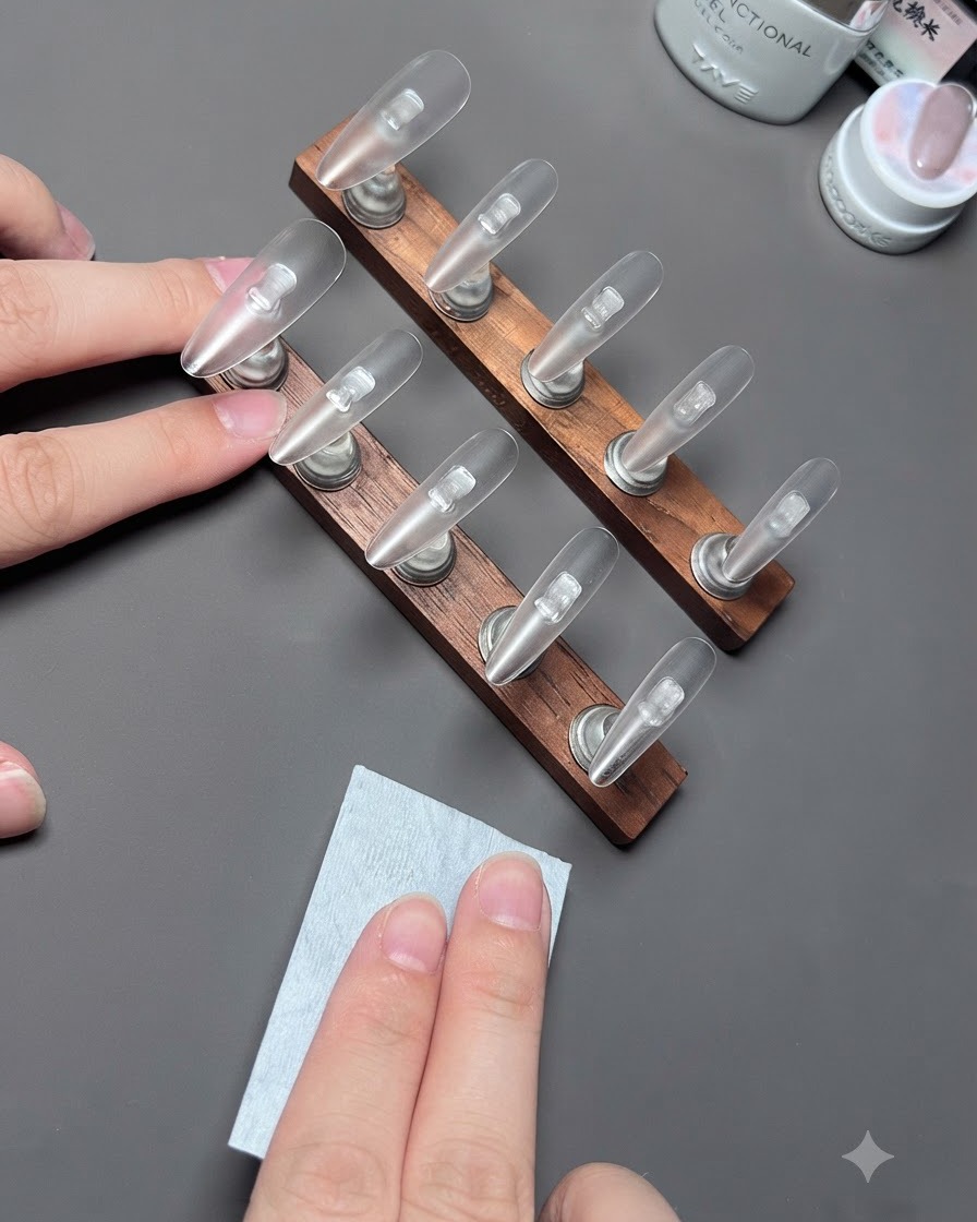 A hand holding a lint-free wipe near a wooden stand holding clear press-on nails.