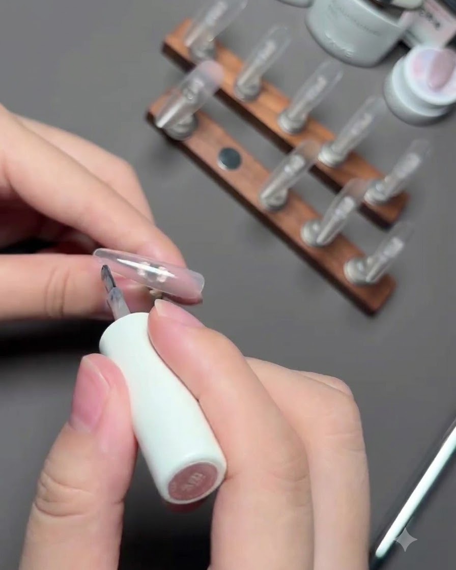 A brush applying nude color gel to the index finger nail on the display stand.