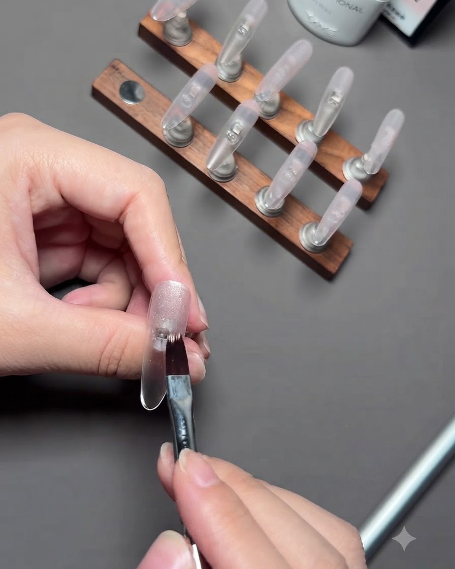 A brush applying silver cat eye gel onto a nude nail mounted on a wooden nail stand.