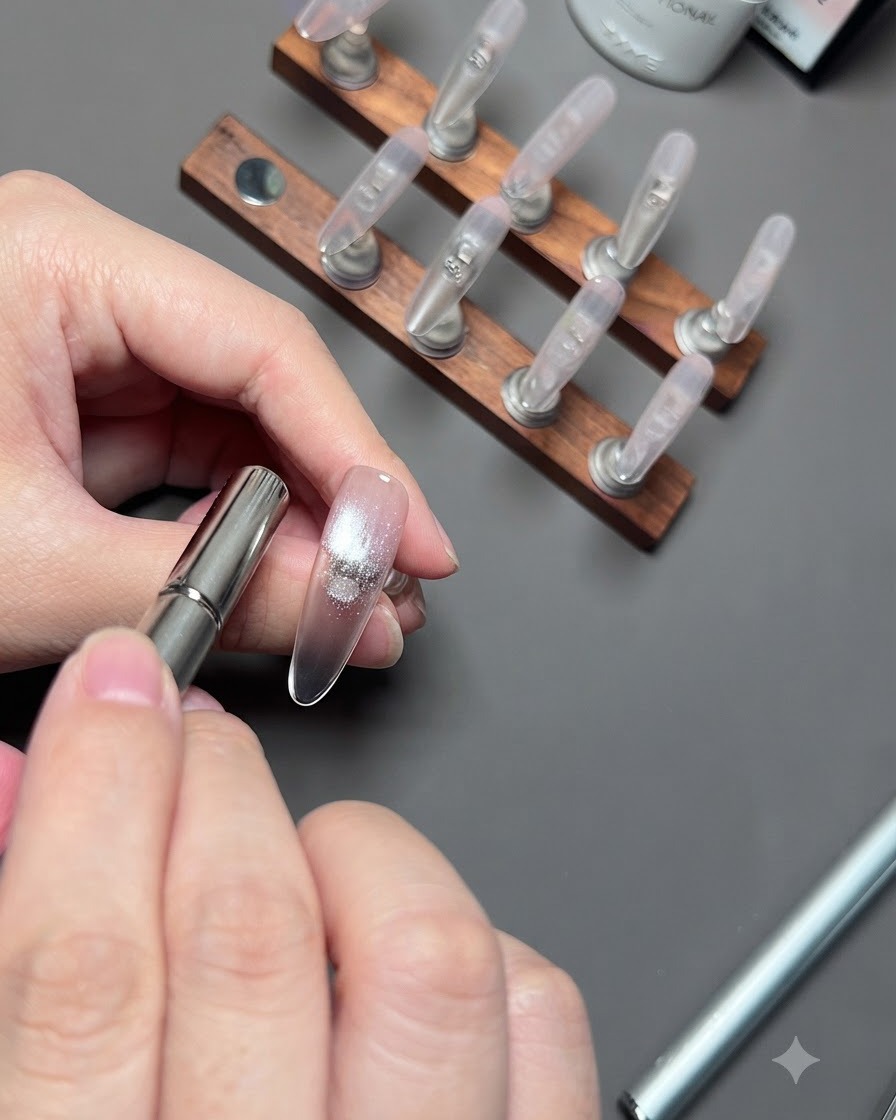 A cylindrical magnetic wand held close to a thumb nail to concentrate silver cat eye shimmer.