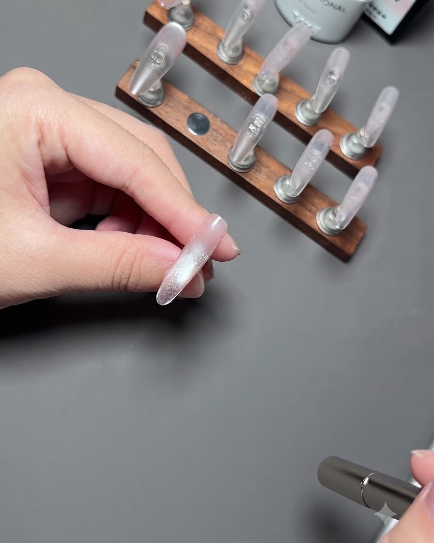 A hand holding a nail against a dark background while the cat eye gel is cured under light.