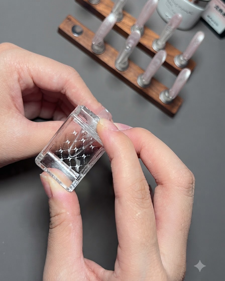 A close-up of hands pressing a clear jelly stamper onto a thumb nail to transfer a white plaid nail art design.