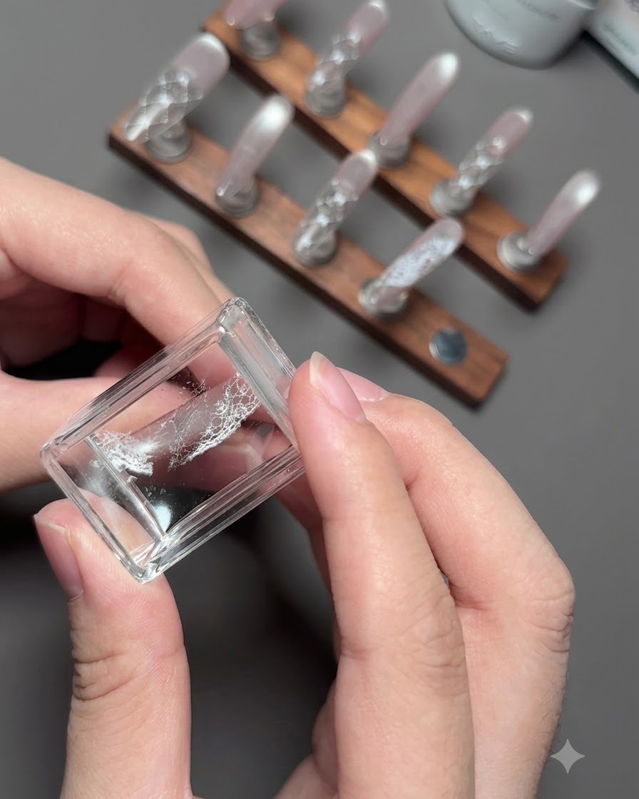 A close-up view of a clear nail stamper holding a detailed white lace design, with a nail display stand in the background.