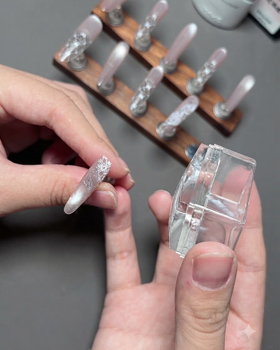 A hand transferring a delicate white lace pattern from a clear stamper onto a manicured nail.