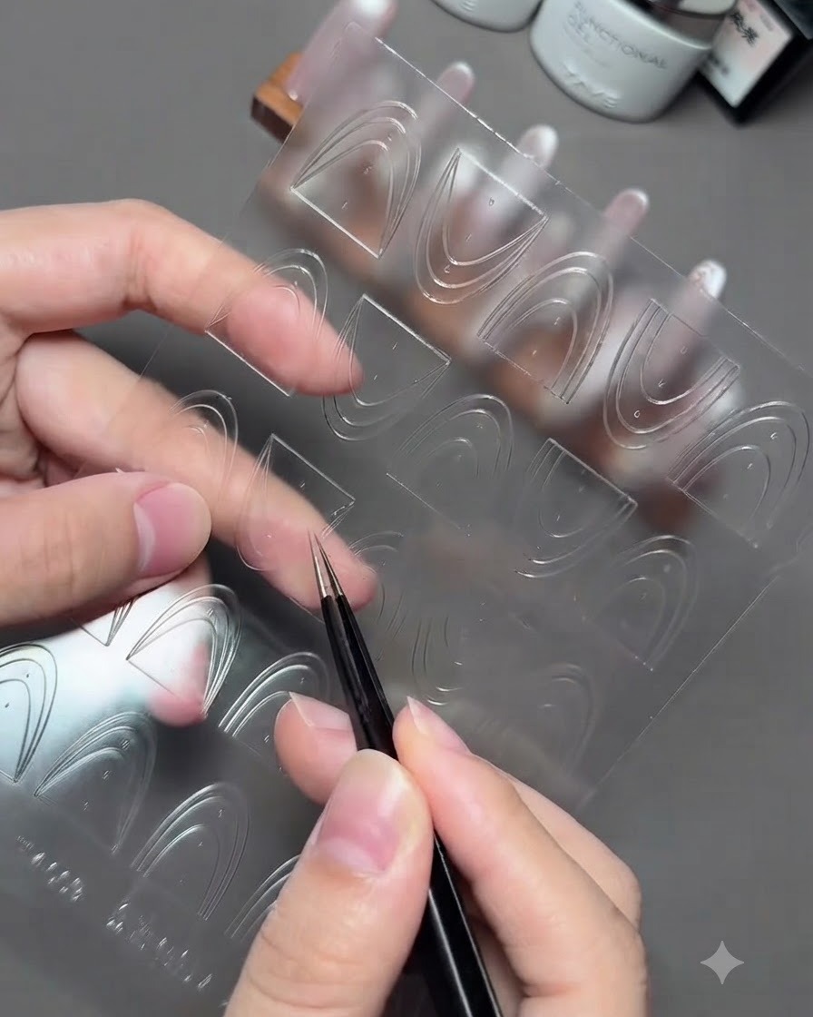 A pair of tweezers peeling a curved French guide sticker from a clear application sheet.
