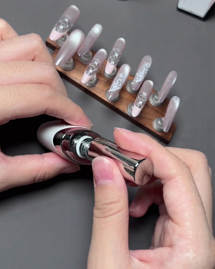 A nail brush applying a clear glossy layer of reinforcement gel over a decorated nail.