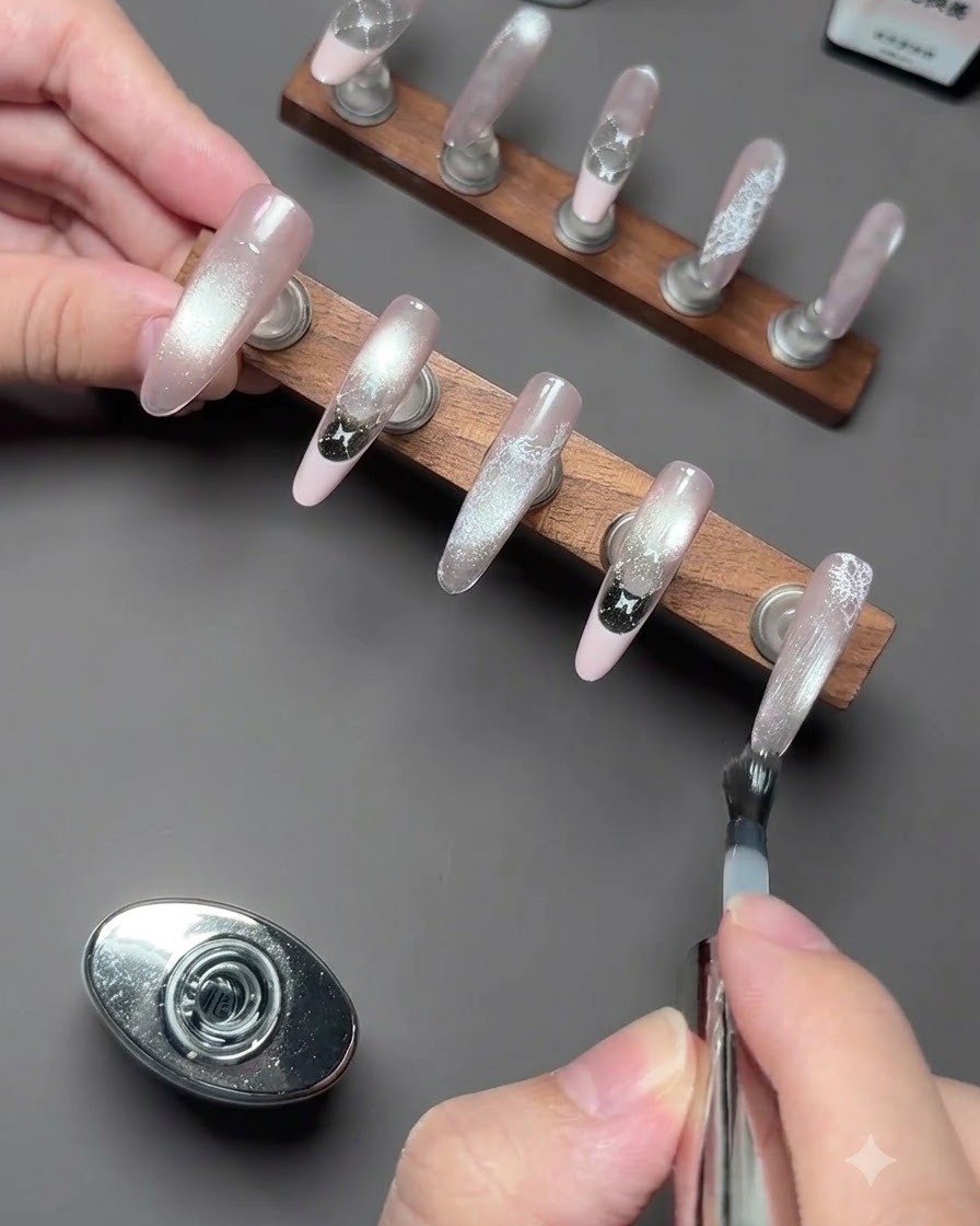 A pair of precision tweezers picking up a small 3D white cat charm.