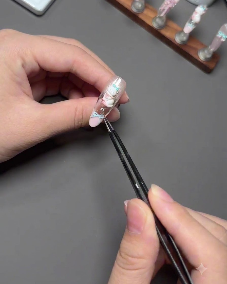 Tweezers carefully placing a 3D cat charm onto a decorated fingernail.