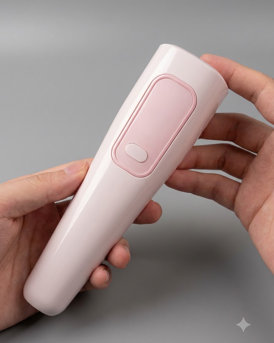 A large pink handheld UV/LED lamp being held over a nail stand to cure multiple nails at once.