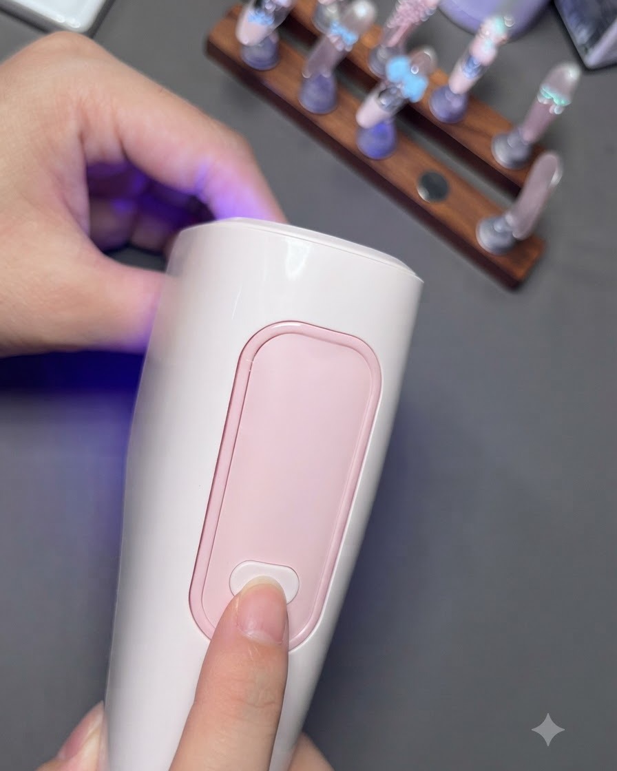 A nail brush applying a glossy top coat layer precisely over a 3D charm on a fingernail.