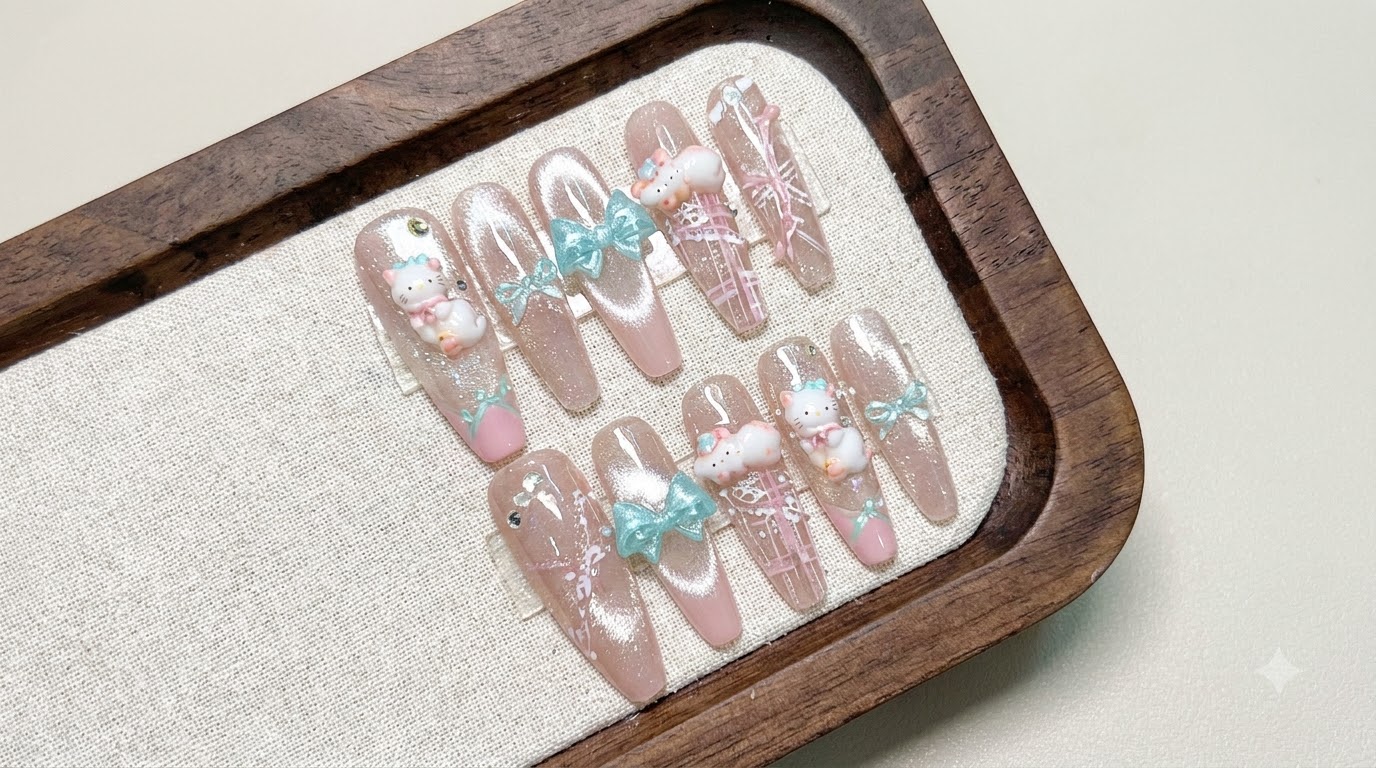 Sea Salt Peach Kitty Nail Art — Step-by-Step Press-On Tutorial