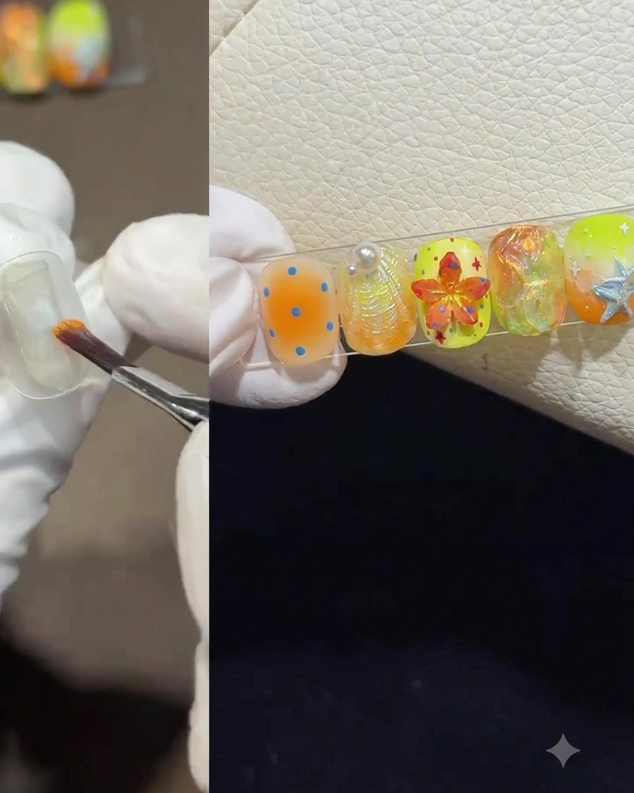 A gloved hand using a brush to apply a dab of orange gel polish onto a clear practice nail tip.