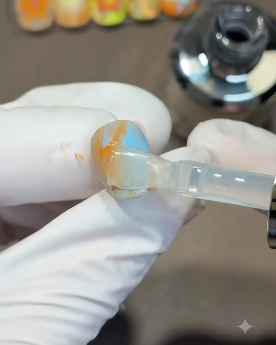 A brush applying a clear layer of top coat over a blended orange and blue gel nail.