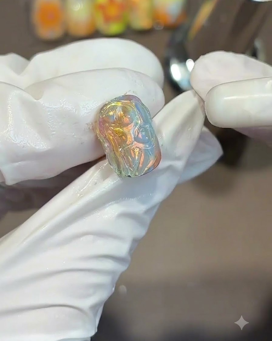 A gloved hand holding a textured iridescent nail piece between fingers.