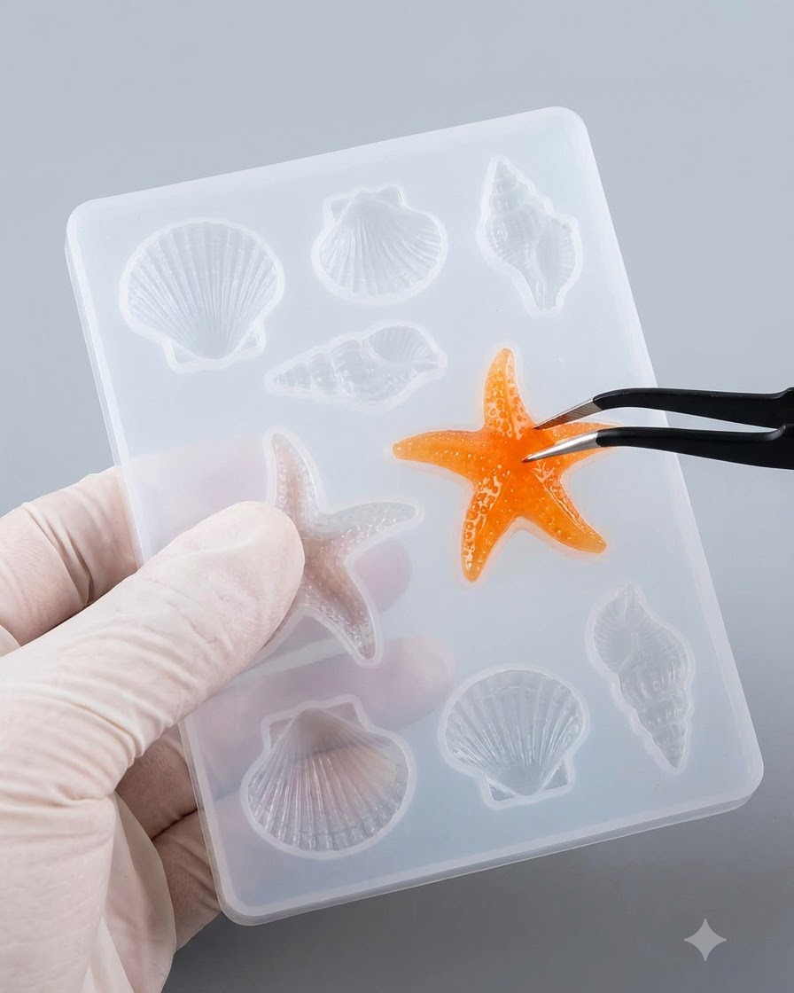 A pair of black tweezers lifting a cured orange starfish or flower piece out of a clear silicone mold tray.