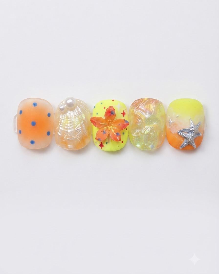 A row of five decorated false nail tips showcasing orange dots, a shell texture, a yellow base with a 3D orange flower, an iridescent abstract texture, and a yellow gradient with a 3D starfish.