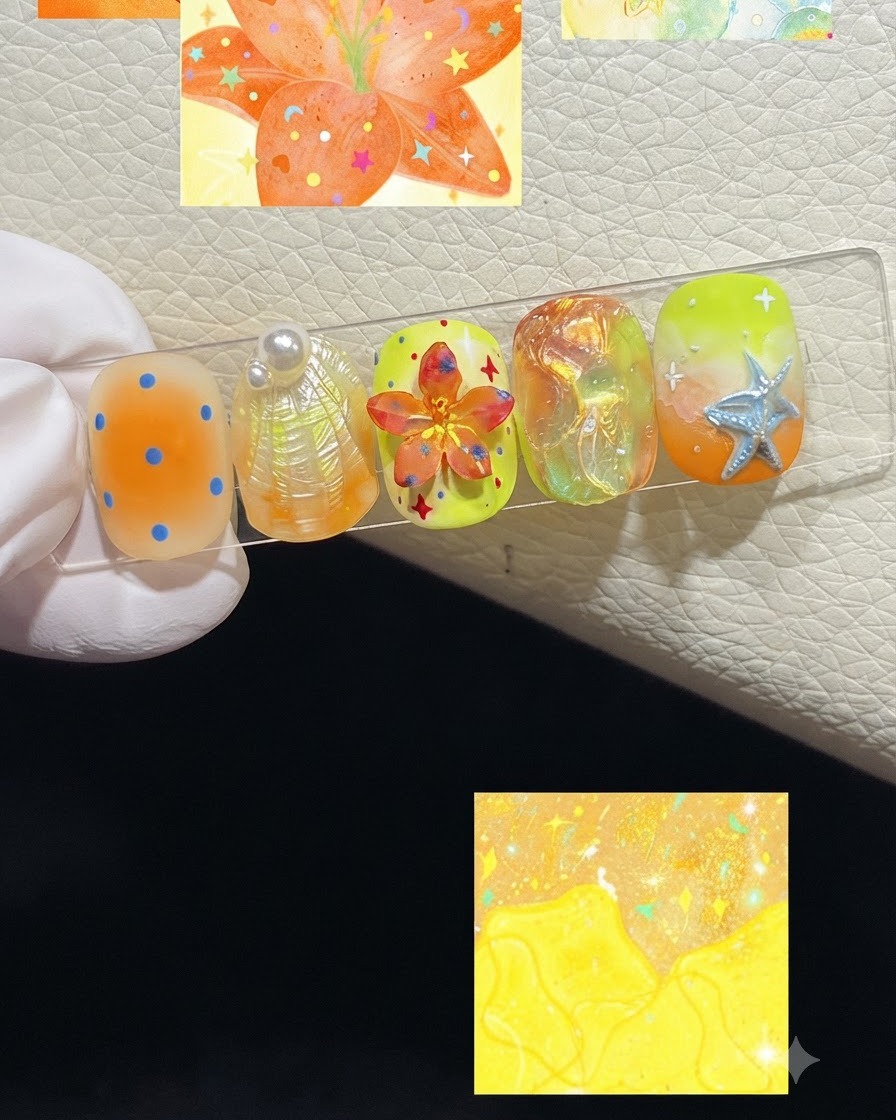 A nail display stand with five decorated nails, featuring inset illustration panels above and below the display.