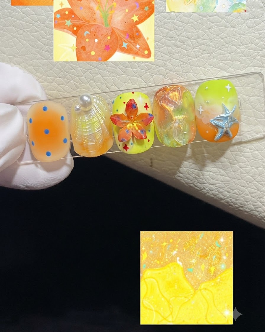 A close-up view of a fine brush adding yellow stamen accents into the center of a 3D orange flower nail art piece.
