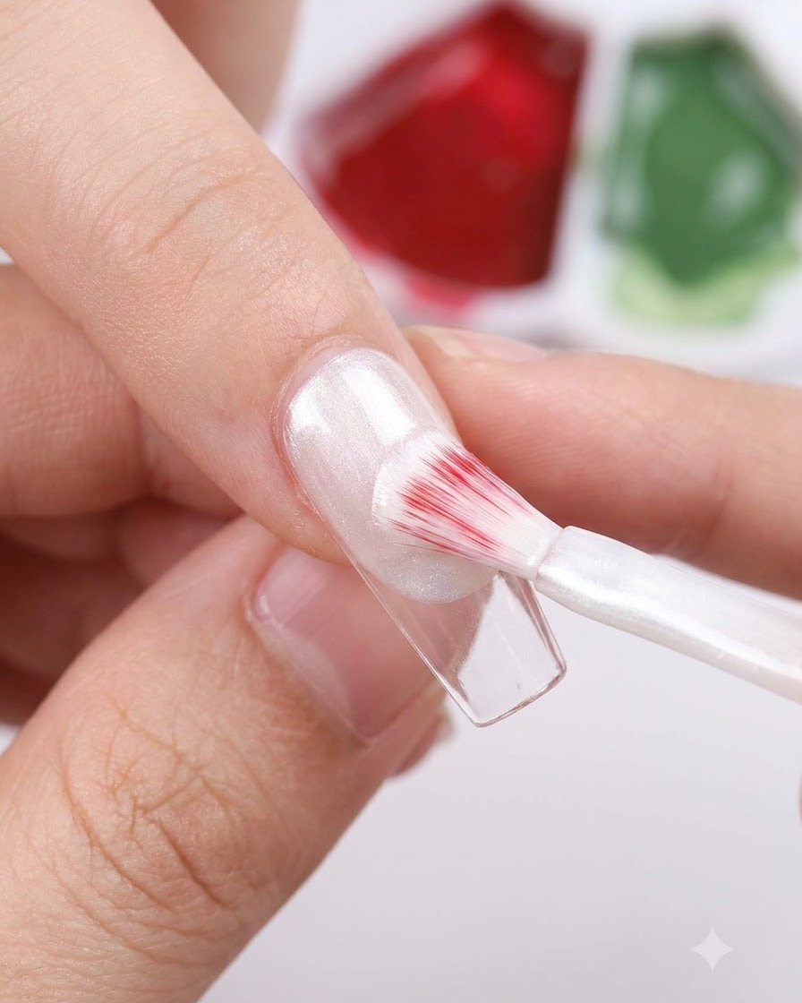 A hand using a flat nail brush to apply shimmering white pearl gel onto a clear nail tip.