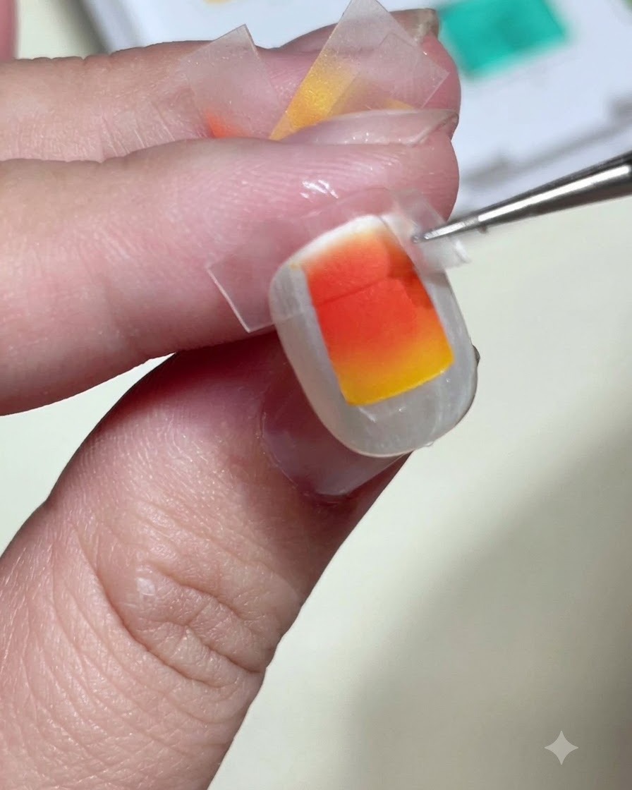 Tweezers carefully peeling off clear tape from a nail to reveal a perfectly crisp orange and yellow sunset gradient square.