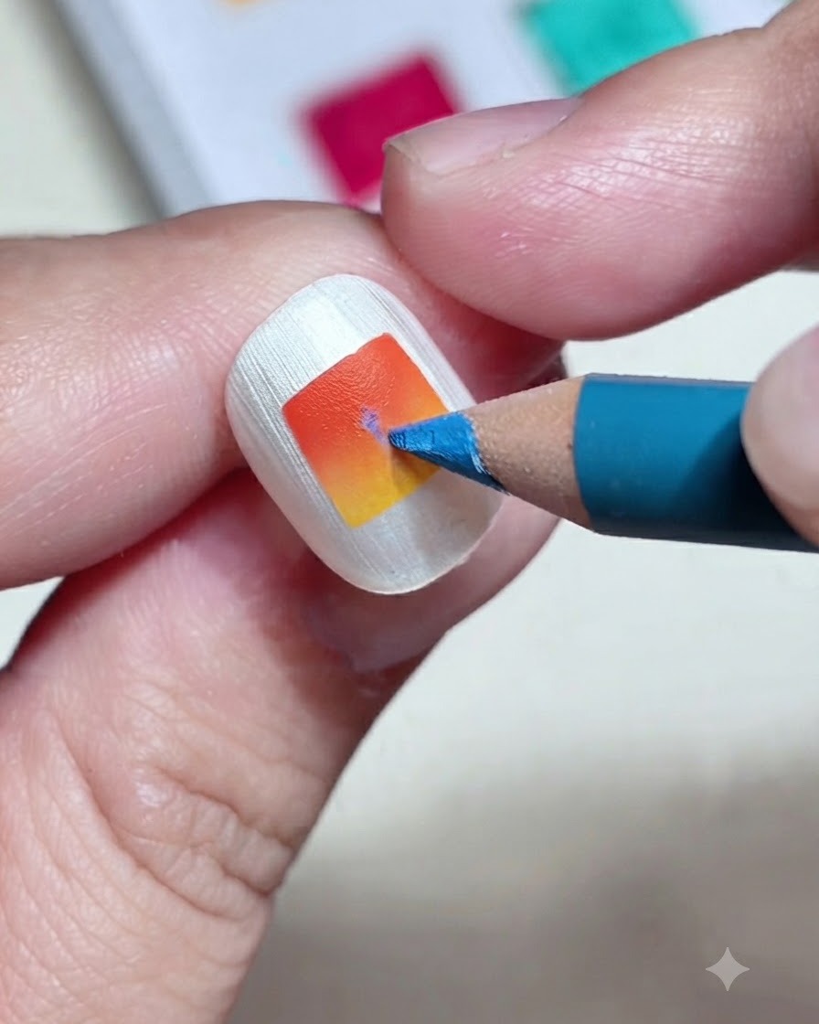 A close-up of a blue colored pencil drawing a fine vertical line on a square orange and yellow gradient nail.