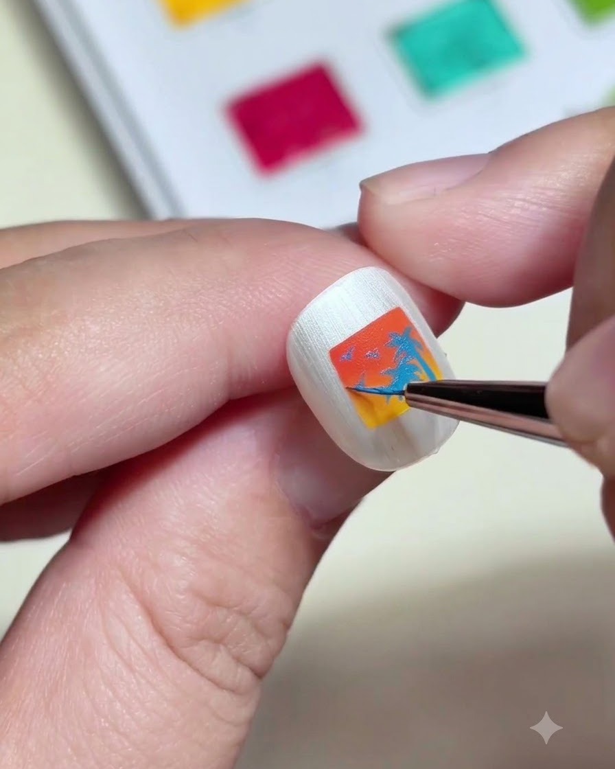 A close-up of a detail brush painting tiny blue palm trees and birds inside a square sunset design on a nail.