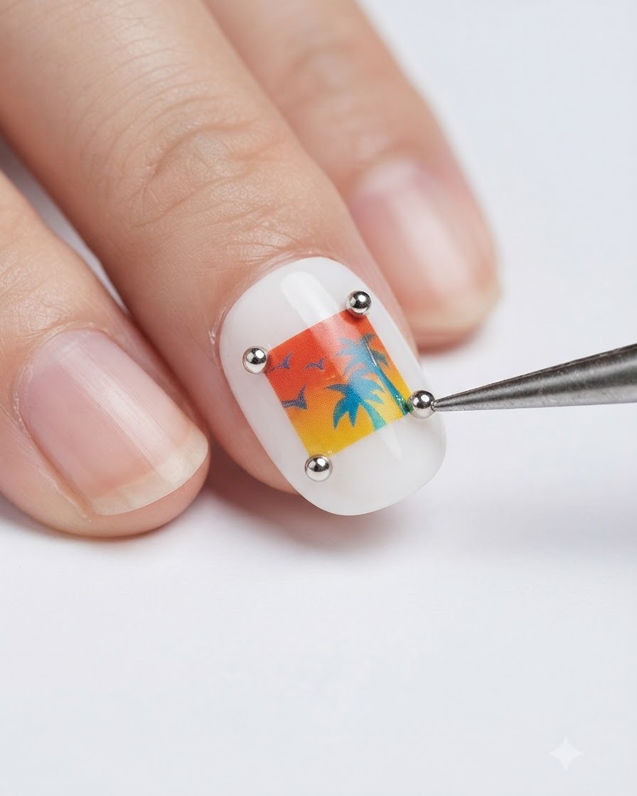 A close-up of tweezers placing small silver metal rivet studs at the corners of a square postcard nail design.