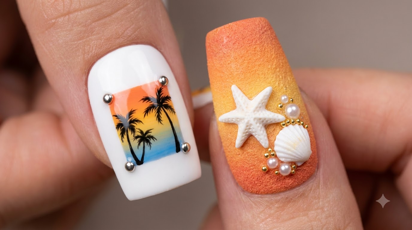 Island Style Sunset and Seashell Vacation Nail Art — Step-by-Step Tutorial