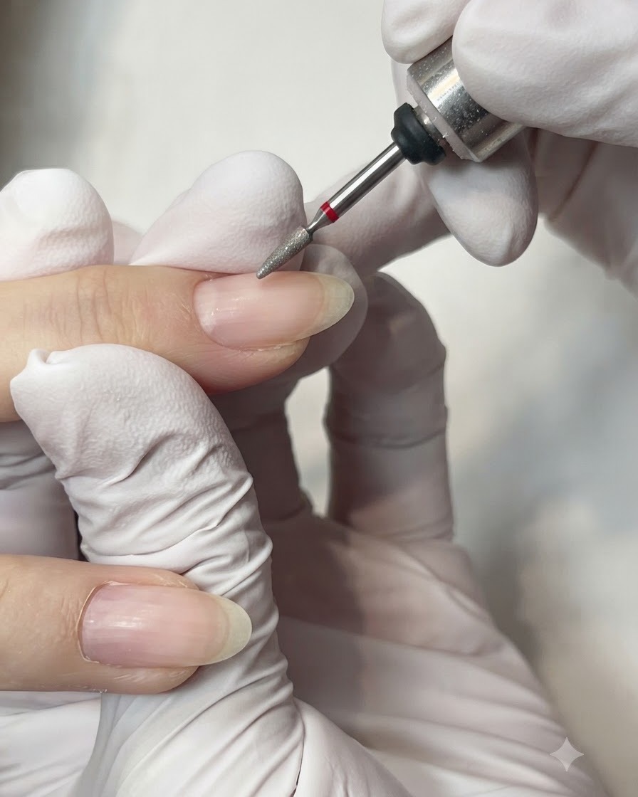 An electric file with a fine conical diamond bit carefully cleaning around the cuticle area of a natural nail.