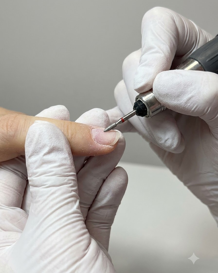 A soft bristled brush sweeping away white nail dust from prepped fingers.