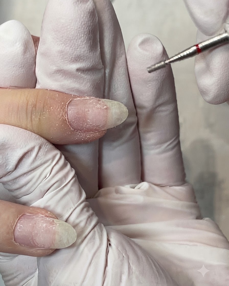 A gloved hand holding a purple 180-grit sanding band near an electric file mandrel.
