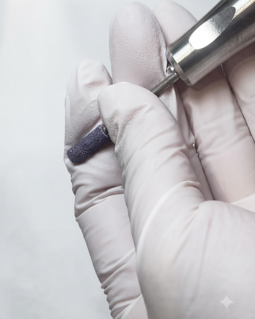 Hands wearing white gloves holding an electric file handpiece with a mandrel bit attached.