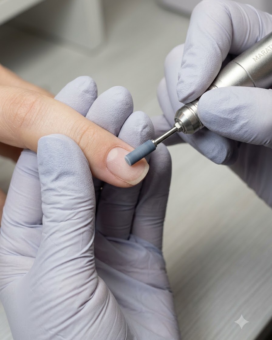 An electric file with a sanding band gently buffing the surface of a prepped natural nail.