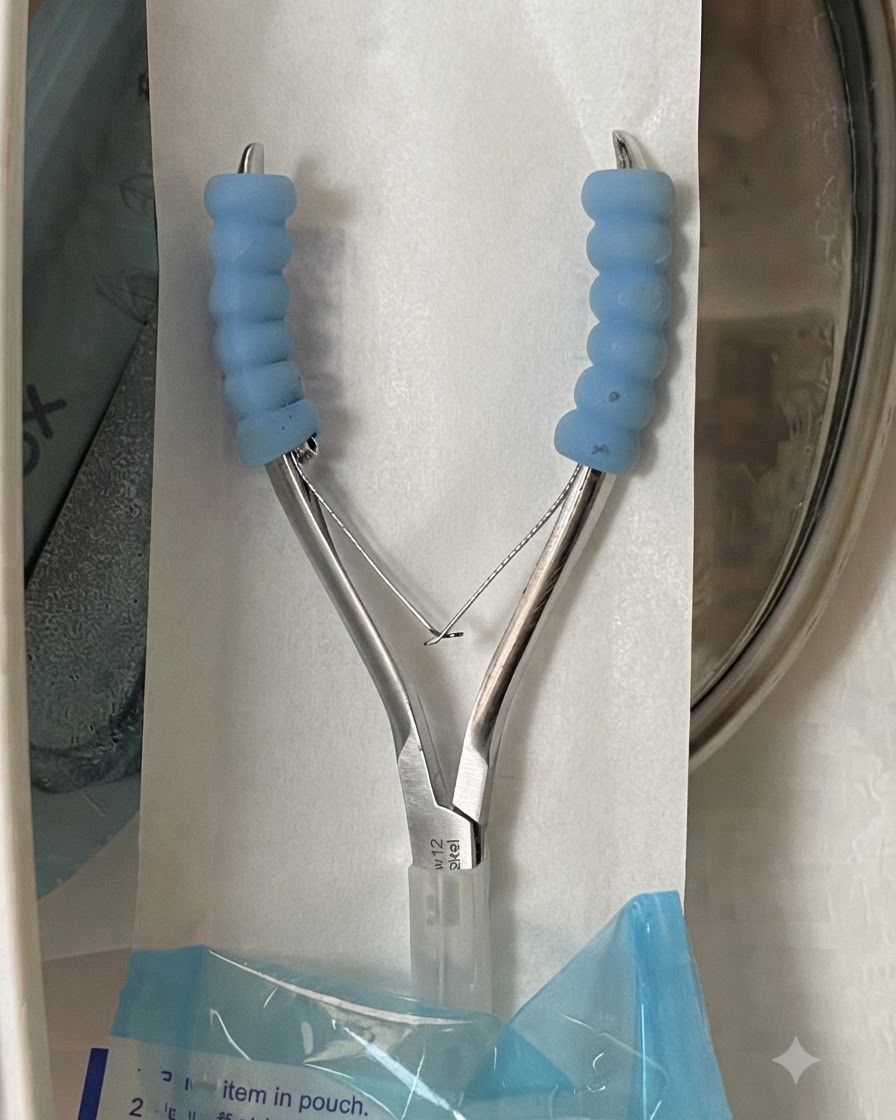 A pair of sterilized metal cuticle nippers resting inside an open packaging pouch.