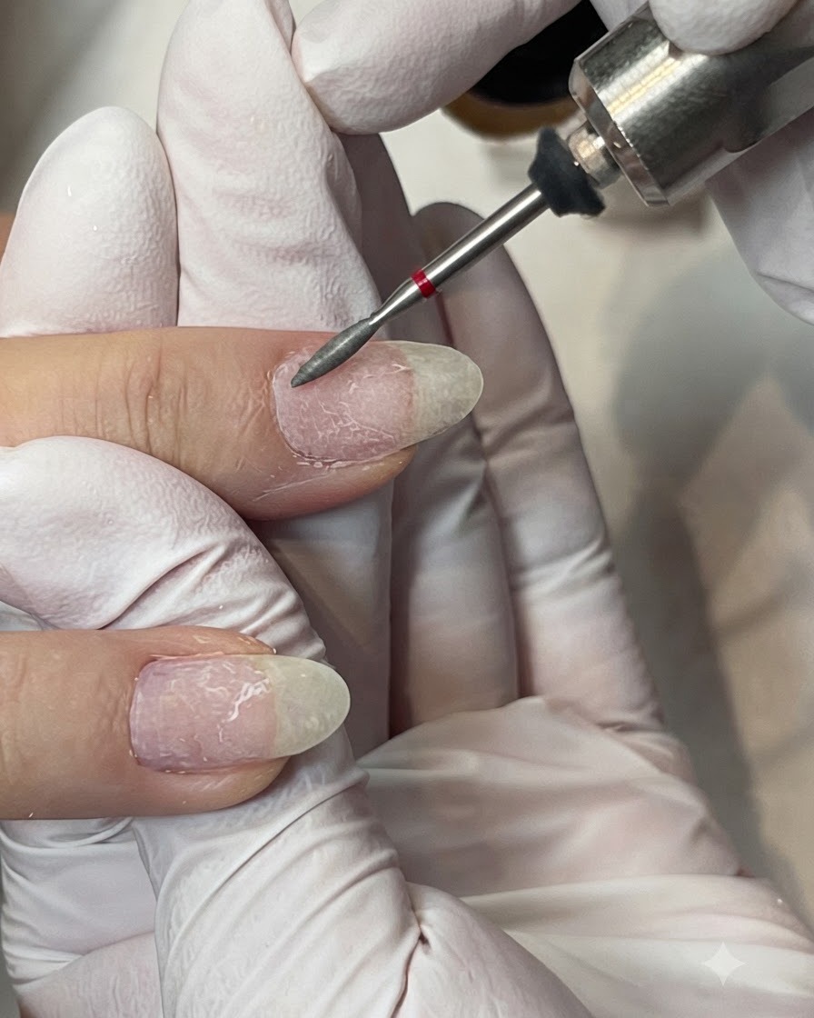 A gloved hand using a fine flame drill bit to refine the edges of a natural nail.