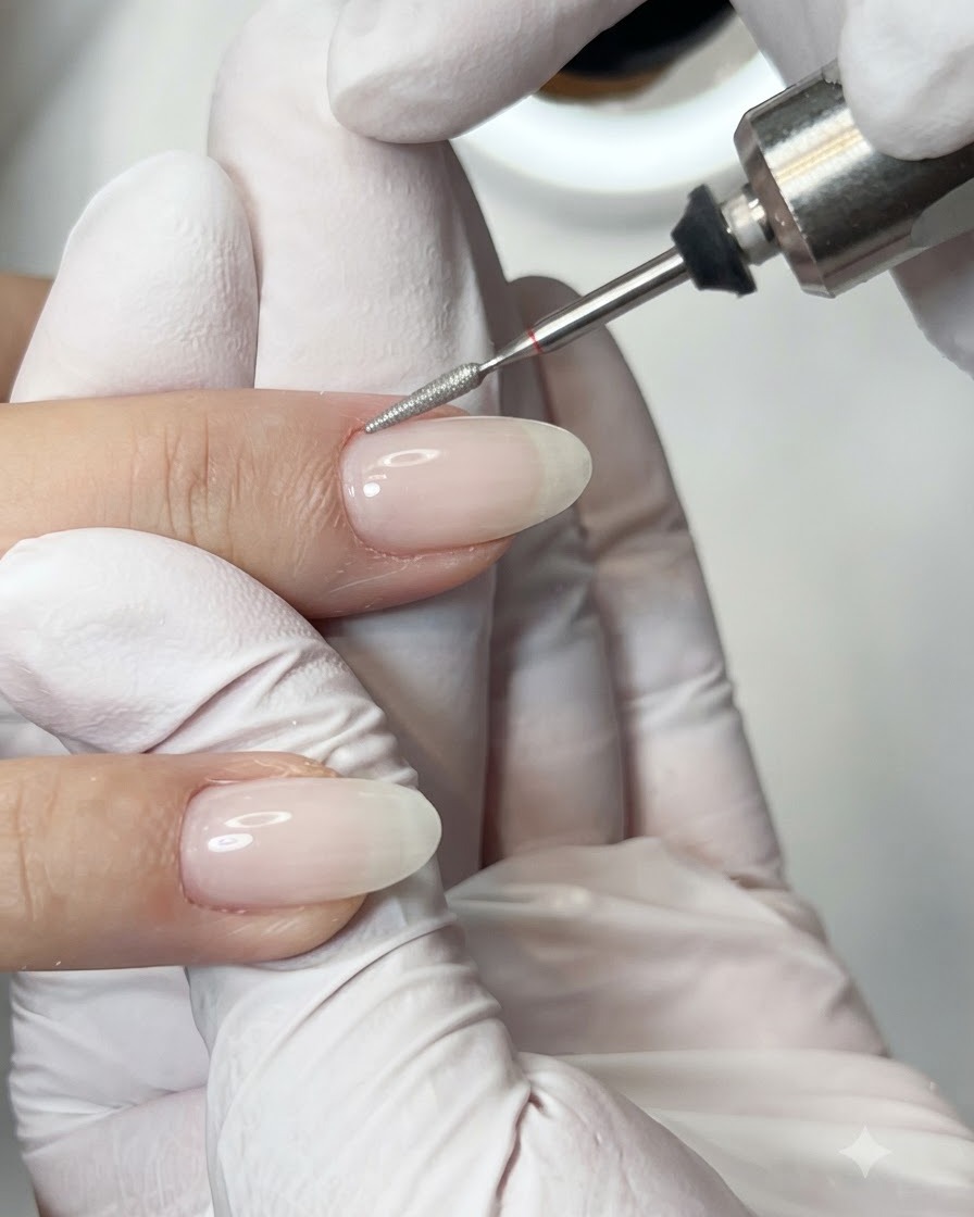 A soft brush dusting off filing residue from prepped fingernails.